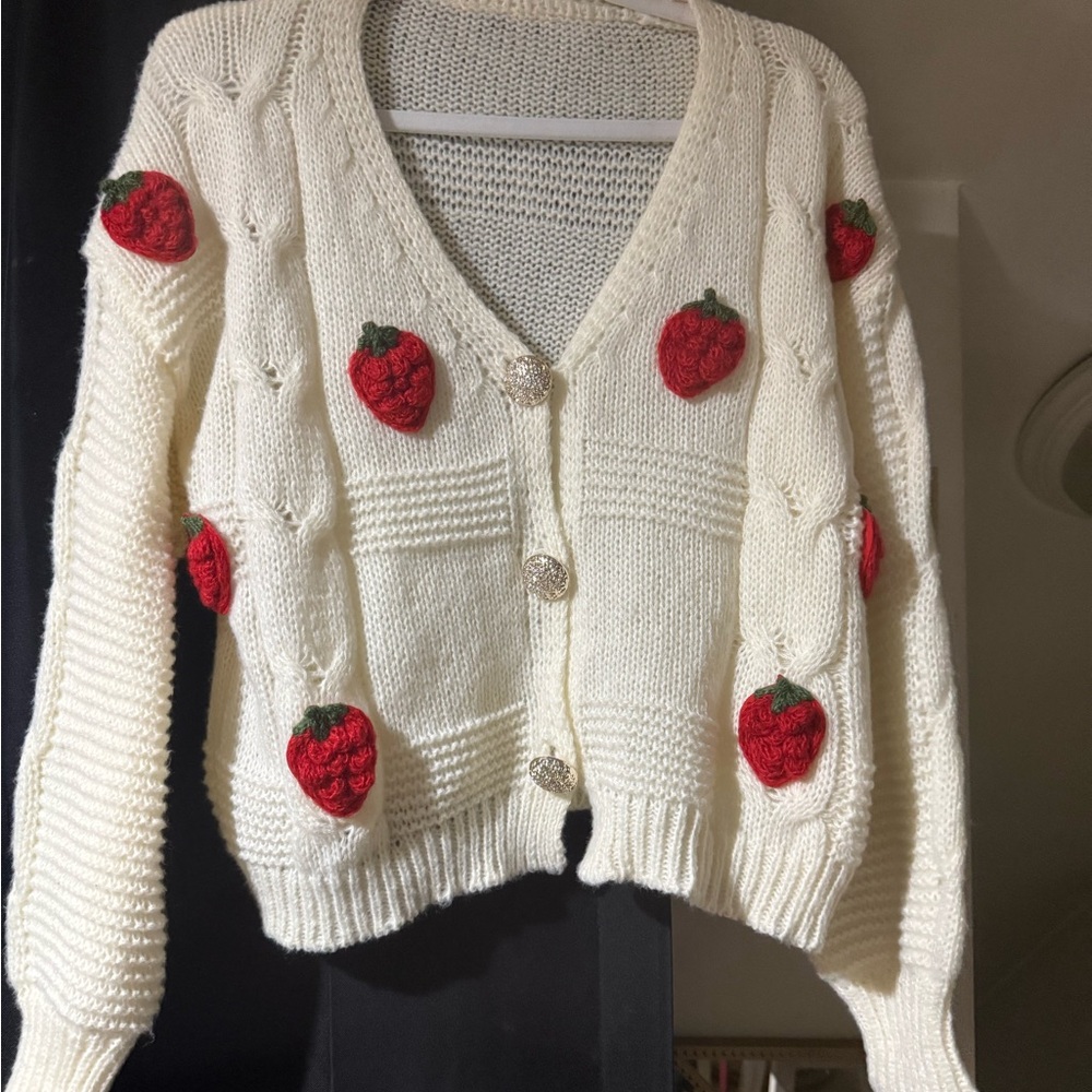 Cream Cardigan with Red Strawberry Accents